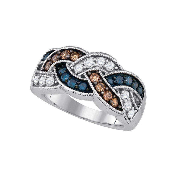 10kt White Gold Women's Round Brown Blue Color Enhanced Diamond Woven Band Ring 1.00 Cttw - FREE Shipping (US/CAN)-Gold & Diamond Bands-5-JadeMoghul Inc.