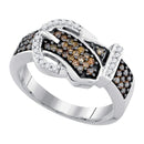 10kt White Gold Women's Round Brown Color Enhanced Diamond Belt Buckle Band Ring 1-2 Cttw - FREE Shipping (US/CAN)-Gold & Diamond Fashion Rings-JadeMoghul Inc.