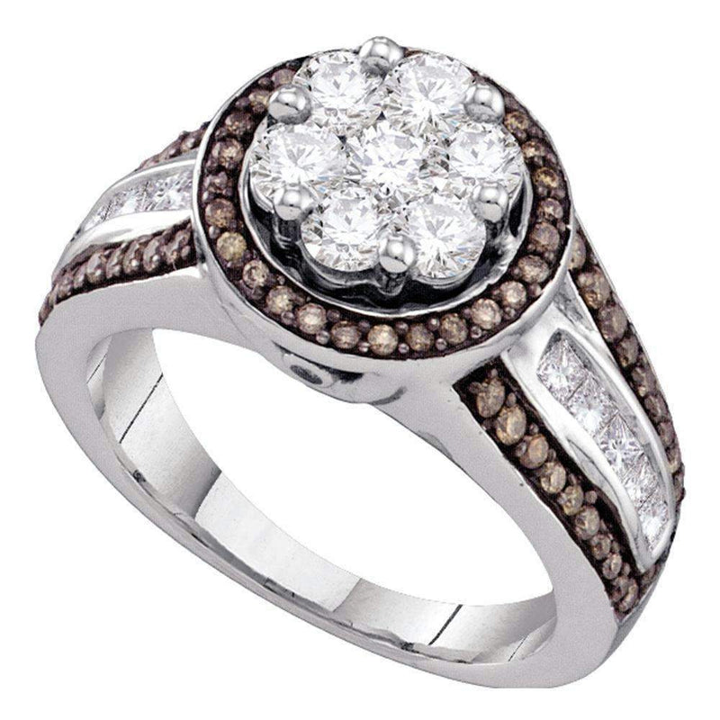 10kt White Gold Women's Round Brown Color Enhanced Diamond Flower Cluster Ring 1-3/8 Cttw - FREE Shipping (USA/CAN)-Gold & Diamond Cluster Rings-5-JadeMoghul Inc.