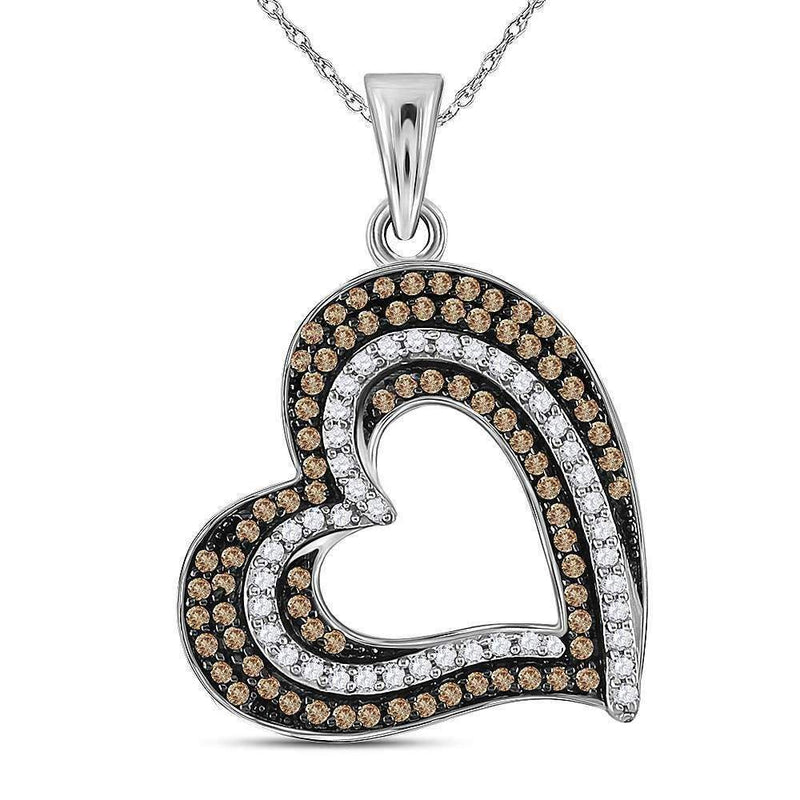 10kt White Gold Women's Round Brown Color Enhanced Diamond Heart Pendant 3-8 Cttw - FREE Shipping (US/CAN)-Gold & Diamond Pendants & Necklaces-JadeMoghul Inc.