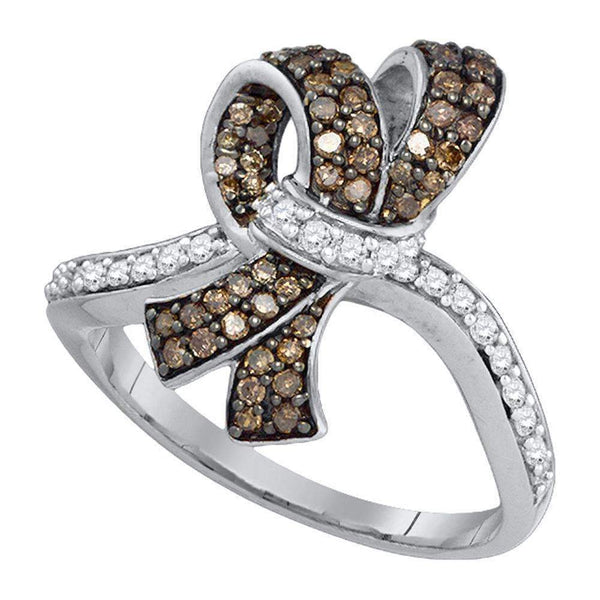 10kt White Gold Women's Round Brown Color Enhanced Diamond Knot Bow Ring 1/2 Cttw - FREE Shipping (US/CAN)-Gold & Diamond Fashion Rings-5.5-JadeMoghul Inc.