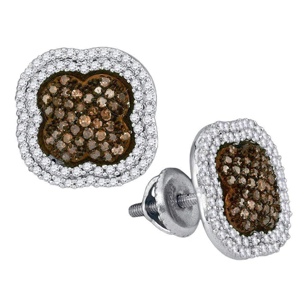 10kt White Gold Women's Round Brown Color Enhanced Diamond Quatrefoil Cluster Earrings 3-4 Cttw - FREE Shipping (US/CAN)-Gold & Diamond Earrings-JadeMoghul Inc.