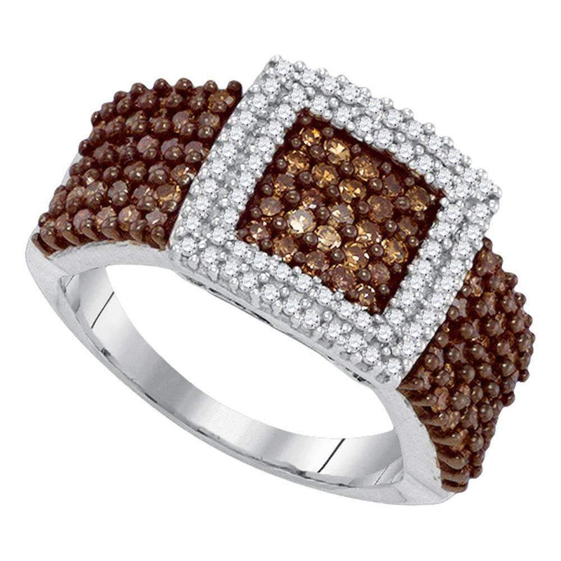 10kt White Gold Women's Round Brown Color Enhanced Diamond Square Cluster Ring 1.00 Cttw - FREE Shipping (US/CAN)-Gold & Diamond Cluster Rings-JadeMoghul Inc.