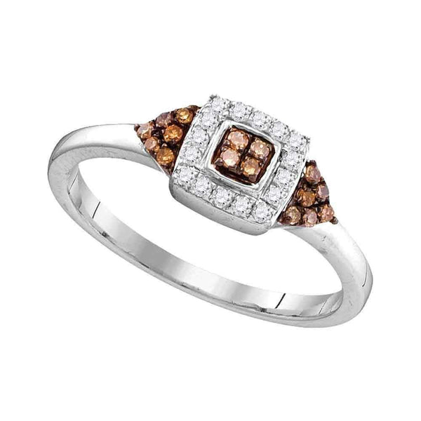 10kt White Gold Women's Round Brown Color Enhanced Diamond Square Cluster Ring 1/5 Cttw - FREE Shipping (US/CAN)-Gold & Diamond Cluster Rings-5-JadeMoghul Inc.