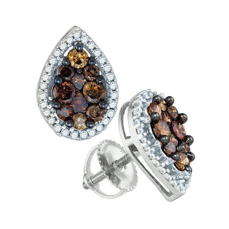10kt White Gold Women's Round Brown Color Enhanced Diamond Teardrop Cluster Earrings 1.00 Cttw - FREE Shipping (USA/CAN)-Gold & Diamond Earrings-JadeMoghul Inc.