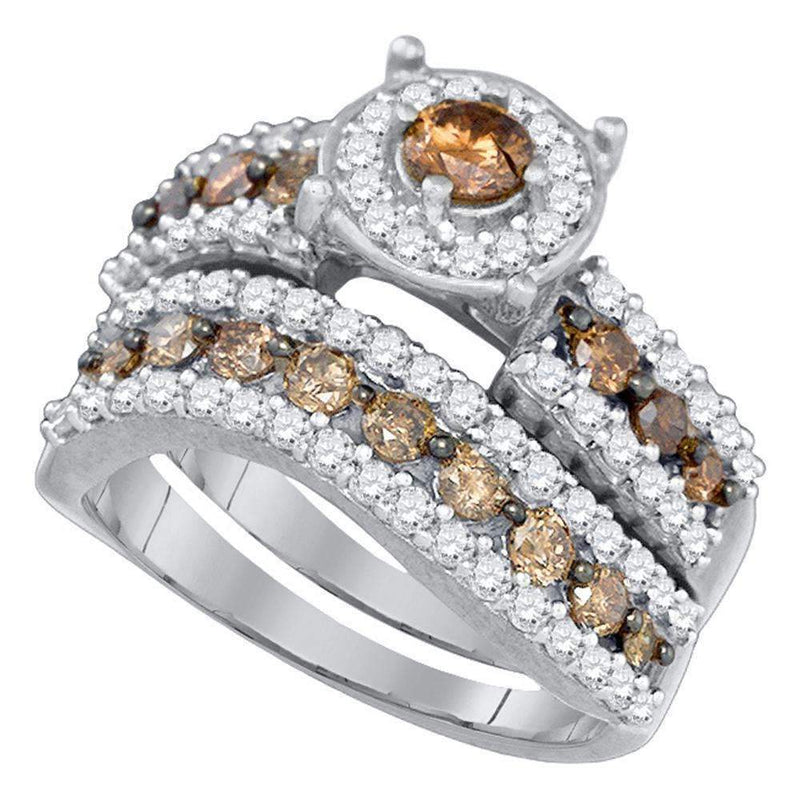 10kt White Gold Women's Round Cognac-brown Color Enhanced Diamond Bridal Wedding Engagement Ring Band Set 1-3/4 Cttw - FREE Shipping (US/CAN)-Gold & Diamond Wedding Ring Sets-6-JadeMoghul Inc.