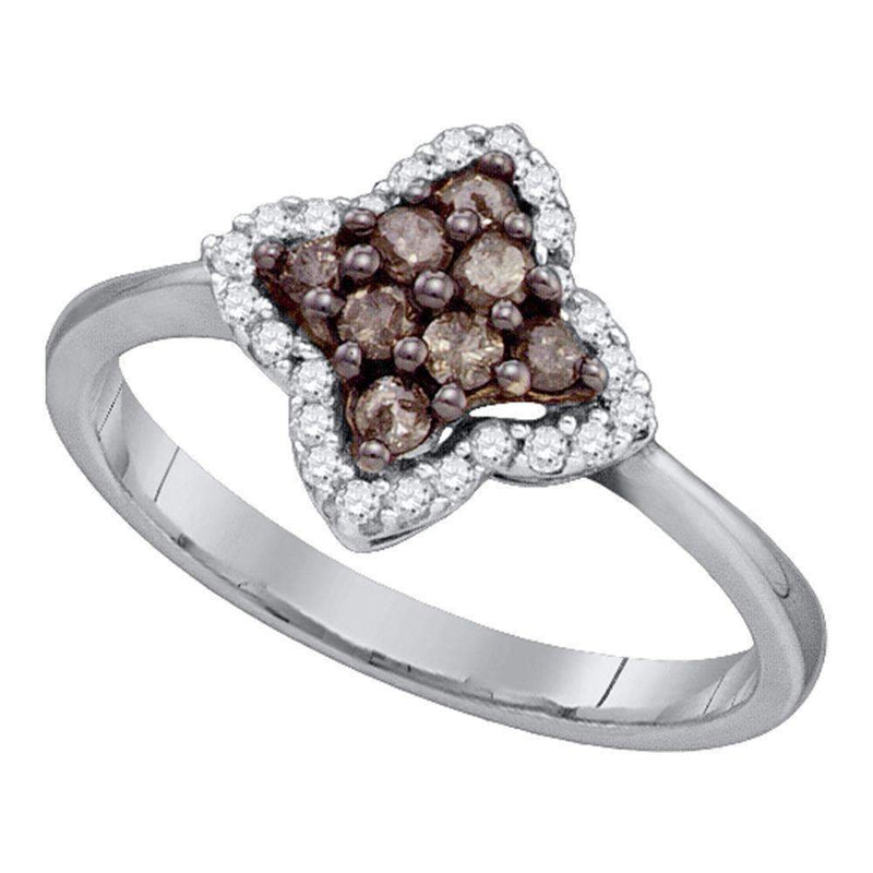 10kt White Gold Women's Round Cognac-brown Color Enhanced Diamond Cluster Ring 1/3 Cttw - FREE Shipping (US/CAN)-Gold & Diamond Cluster Rings-5-JadeMoghul Inc.