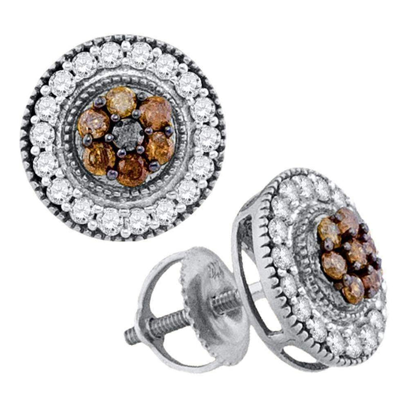 10kt White Gold Women's Round Cognac-brown Color Enhanced Diamond Cluster Stud Screwback Earrings 5-8 Cttw - FREE Shipping (USA/CAN)-Gold & Diamond Earrings-JadeMoghul Inc.