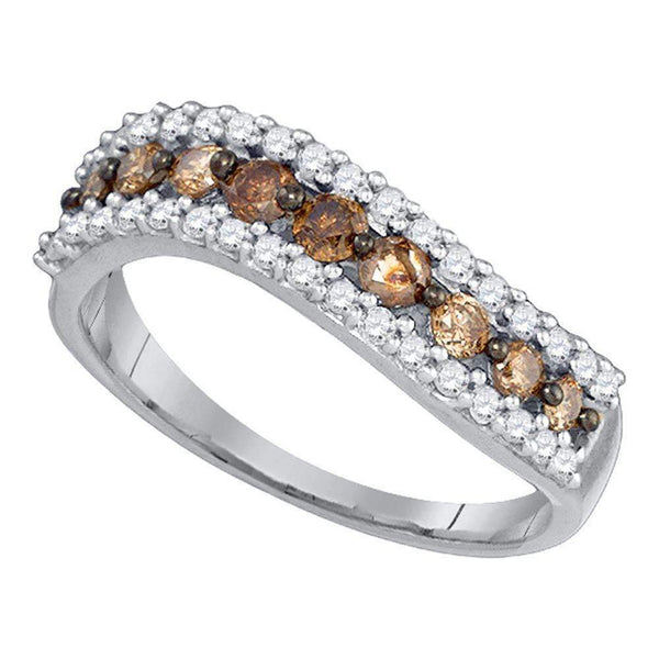 10kt White Gold Women's Round Cognac-brown Color Enhanced Diamond Contoured Band 3-4 Cttw - FREE Shipping (US/CAN)-Gold & Diamond Bands-JadeMoghul Inc.