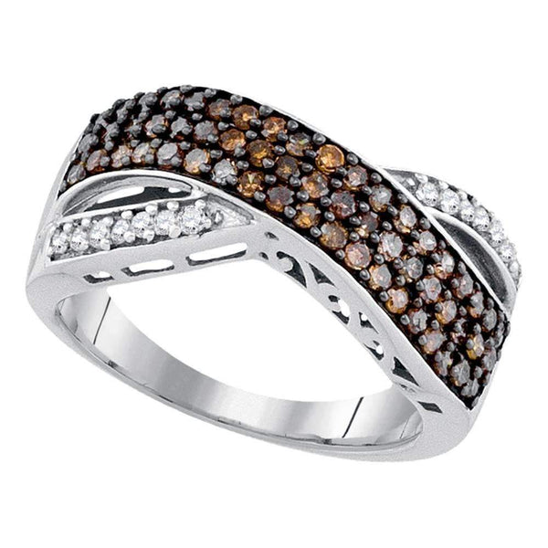 10kt White Gold Women's Round Cognac-brown Color Enhanced Diamond Crossover Band Ring 3/4 Cttw - FREE Shipping (US/CAN)-Gold & Diamond Bands-6-JadeMoghul Inc.