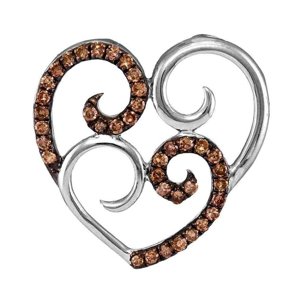 10kt White Gold Women's Round Cognac-brown Color Enhanced Diamond Curled Double Heart Pendant 1-4 Cttw - FREE Shipping (US/CAN)-Gold & Diamond Pendants & Necklaces-JadeMoghul Inc.