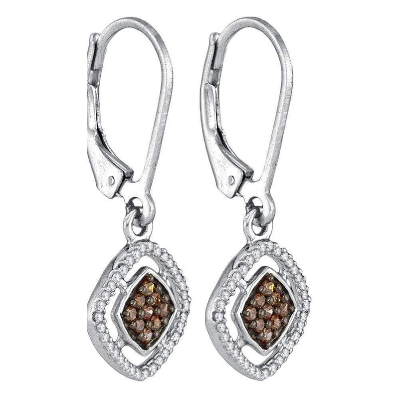 10kt White Gold Women's Round Cognac-brown Color Enhanced Diamond Diagonal Square Dangle Earrings 1-3 Cttw - FREE Shipping (USA/CAN)-Gold & Diamond Earrings-JadeMoghul Inc.