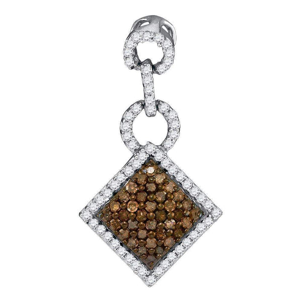10kt White Gold Women's Round Cognac-brown Color Enhanced Diamond Diagonal Square Pendant 1-3 Cttw - FREE Shipping (US/CAN)-Gold & Diamond Pendants & Necklaces-JadeMoghul Inc.