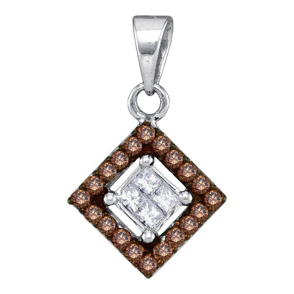 10kt White Gold Women's Round Cognac-brown Color Enhanced Diamond Diagonal Square Pendant 1-3 Cttw - FREE Shipping (US/CAN)-Gold & Diamond Pendants & Necklaces-JadeMoghul Inc.