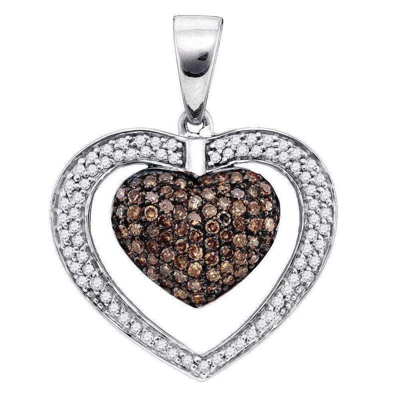 10kt White Gold Women's Round Cognac-brown Color Enhanced Diamond Double Heart Cluster Pendant 1.00 Cttw - FREE Shipping (US/CAN)-Gold & Diamond Pendants & Necklaces-JadeMoghul Inc.