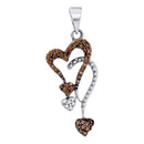 10kt White Gold Womens Round Cognac-brown Color Enhanced Diamond Double Heart Droplet Pendant 1-5 Cttw - FREE Shipping (US/CAN)-Gold & Diamond Pendants & Necklaces-JadeMoghul Inc.