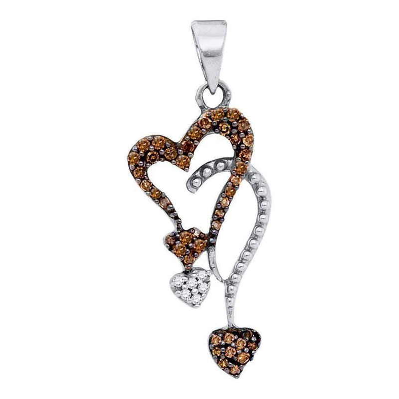 10kt White Gold Womens Round Cognac-brown Color Enhanced Diamond Double Heart Droplet Pendant 1-5 Cttw - FREE Shipping (US/CAN)-Gold & Diamond Pendants & Necklaces-JadeMoghul Inc.