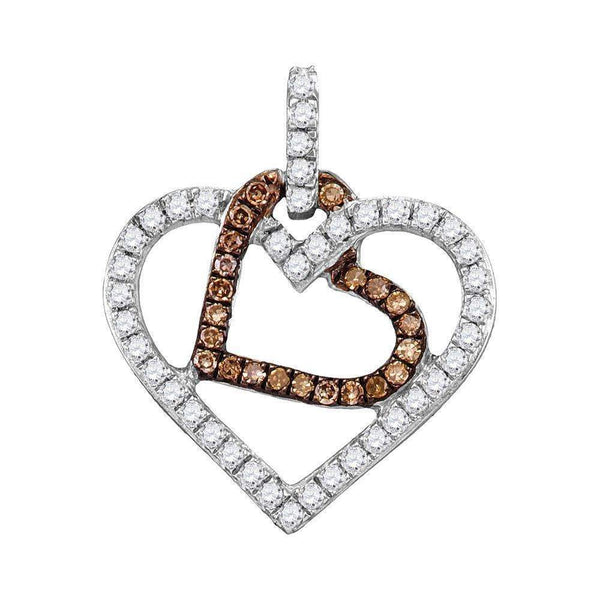 10kt White Gold Women's Round Cognac-brown Color Enhanced Diamond Double Heart Pendant 1-3 Cttw - FREE Shipping (US/CAN)-Gold & Diamond Pendants & Necklaces-JadeMoghul Inc.
