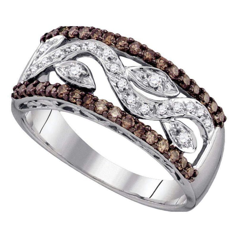 10kt White Gold Womens Round Cognac-brown Color Enhanced Diamond Floral Band Ring 3/8 Cttw-Gold & Diamond Bands-8-JadeMoghul Inc.