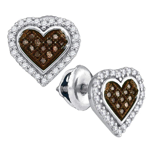 10kt White Gold Women's Round Cognac-brown Color Enhanced Diamond Heart Cluster Earrings 1-4 Cttw - FREE Shipping (USA/CAN)-Gold & Diamond Earrings-JadeMoghul Inc.