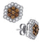 10kt White Gold Women's Round Cognac-brown Color Enhanced Diamond Hexagon Flower Cluster Earrings 7-8 Cttw - FREE Shipping (US/CAN)-Gold & Diamond Earrings-JadeMoghul Inc.