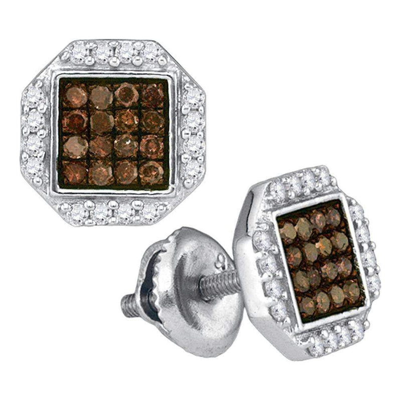 10kt White Gold Women's Round Cognac-brown Color Enhanced Diamond Octagon Cluster Earrings 3-8 Cttw - FREE Shipping (USA/CAN)-Gold & Diamond Earrings-JadeMoghul Inc.