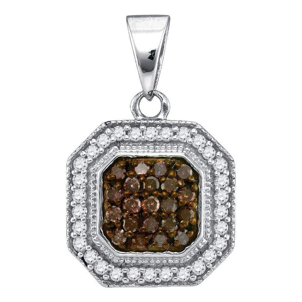 10kt White Gold Women's Round Cognac-brown Color Enhanced Diamond Octagon Cluster Pendant 1-3 Cttw - FREE Shipping (US/CAN)-Gold & Diamond Pendants & Necklaces-JadeMoghul Inc.