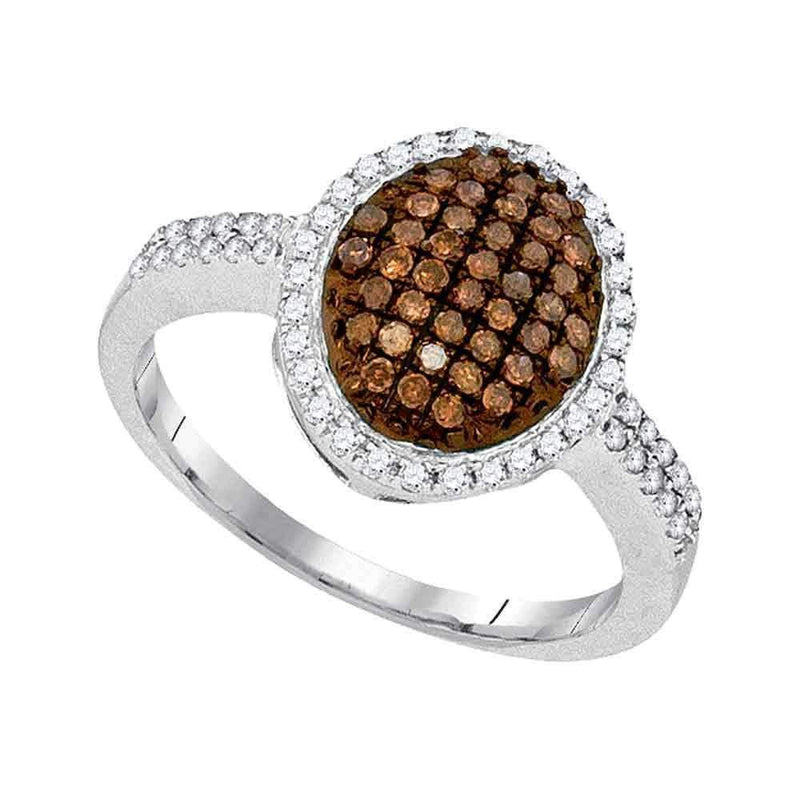 10kt White Gold Women's Round Cognac-brown Color Enhanced Diamond Oval Cluster Ring 3/8 Cttw - FREE Shipping (US/CAN)-Gold & Diamond Cluster Rings-5-JadeMoghul Inc.