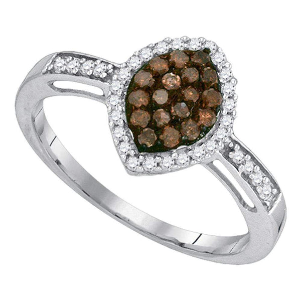 10kt White Gold Women's Round Cognac-brown Color Enhanced Diamond Oval Frame Cluster Ring 1/3 Cttw - FREE Shipping (US/CAN)-Gold & Diamond Cluster Rings-5-JadeMoghul Inc.