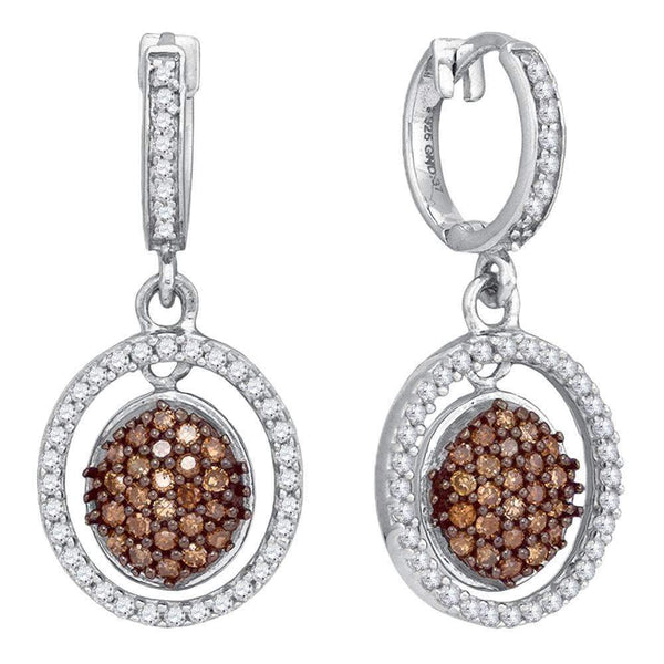 10kt White Gold Womens Round Cognac-brown Color Enhanced Diamond Oval Frame Dangle Earrings 3-4 Cttw - FREE Shipping (US/CAN)-Gold & Diamond Earrings-JadeMoghul Inc.