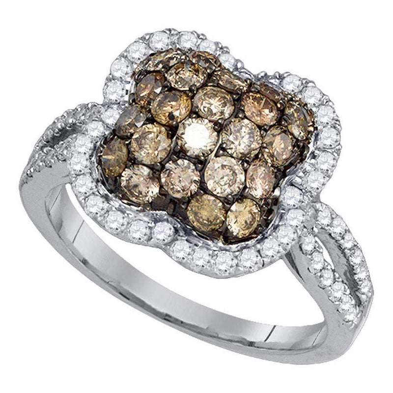10kt White Gold Women's Round Cognac-brown Color Enhanced Diamond Quatrefoil Cluster Ring 1-1-2 Cttw - FREE Shipping (USA/CAN)-Gold & Diamond Cluster Rings-JadeMoghul Inc.