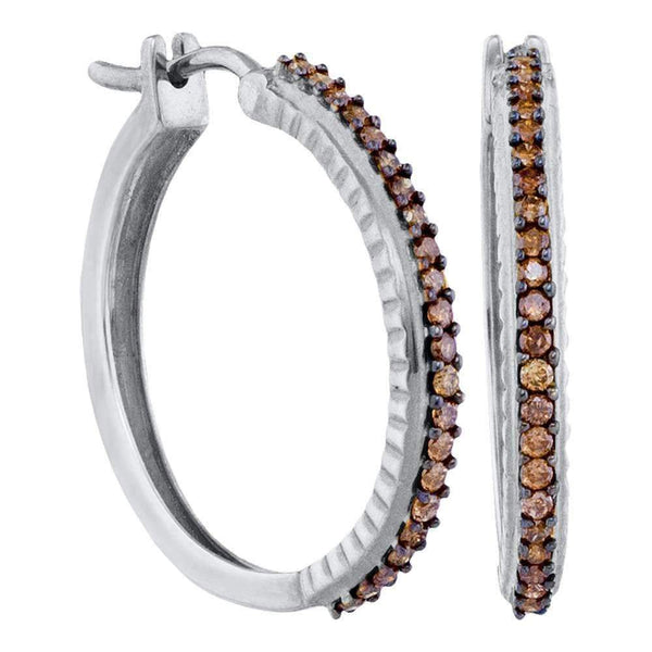 10kt White Gold Womens Round Cognac-brown Color Enhanced Diamond Single Row Hoop Earrings 1-2 Cttw - FREE Shipping (US/CAN)-Gold & Diamond Earrings-JadeMoghul Inc.