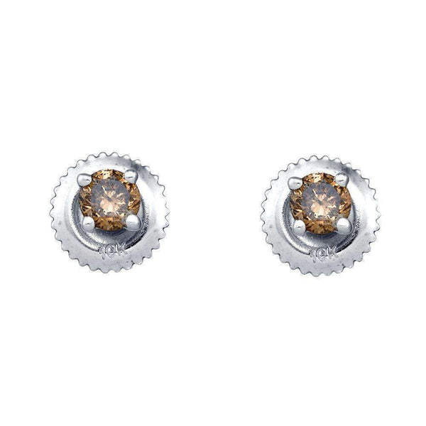 10kt White Gold Women's Round Cognac-brown Color Enhanced Diamond Solitaire Screwback Earrings 1-4 Cttw - FREE Shipping (US/CAN)-Gold & Diamond Earrings-JadeMoghul Inc.