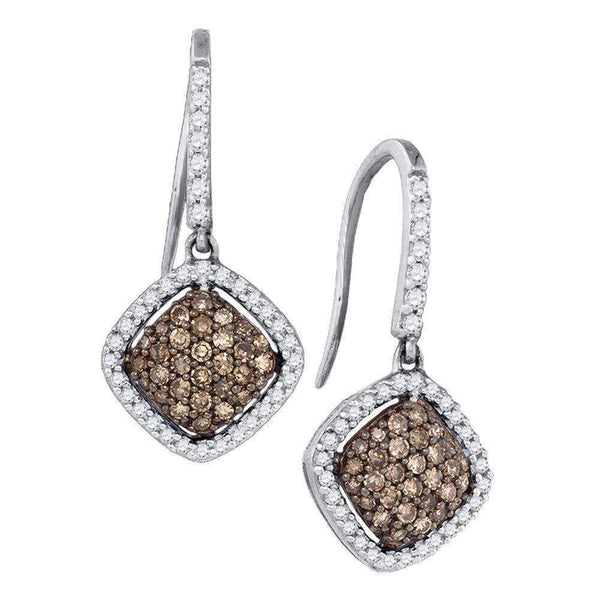 10kt White Gold Women's Round Cognac-brown Color Enhanced Diamond Square Cluster Dangle Earrings 5-8 Cttw - FREE Shipping (USA/CAN)-Gold & Diamond Earrings-JadeMoghul Inc.