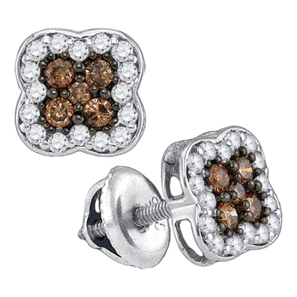 10kt White Gold Women's Round Cognac-brown Color Enhanced Diamond Square Cluster Earrings 1-2 Cttw - FREE Shipping (USA/CAN)-Gold & Diamond Earrings-JadeMoghul Inc.