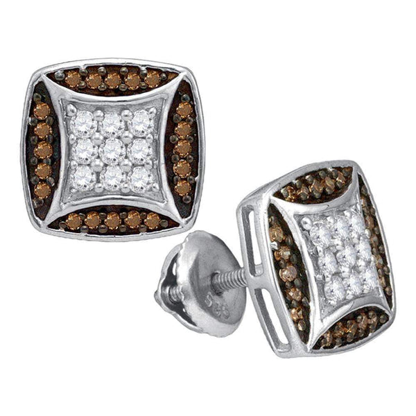 10kt White Gold Women's Round Cognac-brown Color Enhanced Diamond Square Cluster Earrings 1-2 Cttw - FREE Shipping (US/CAN)-Gold & Diamond Earrings-JadeMoghul Inc.
