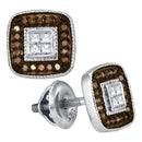 10kt White Gold Women's Round Cognac-brown Color Enhanced Diamond Square Cluster Earrings 1-3 Cttw - FREE Shipping (USA/CAN)-Gold & Diamond Earrings-JadeMoghul Inc.