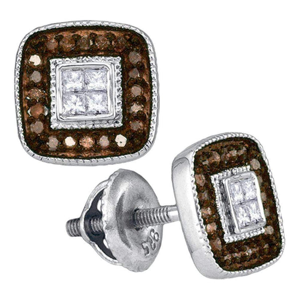 10kt White Gold Women's Round Cognac-brown Color Enhanced Diamond Square Cluster Earrings 1-3 Cttw - FREE Shipping (USA/CAN)-Gold & Diamond Earrings-JadeMoghul Inc.
