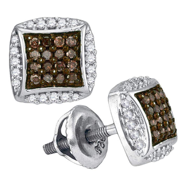 10kt White Gold Women's Round Cognac-brown Color Enhanced Diamond Square Cluster Earrings 1-3 Cttw - FREE Shipping (USA/CAN)-Gold & Diamond Earrings-JadeMoghul Inc.