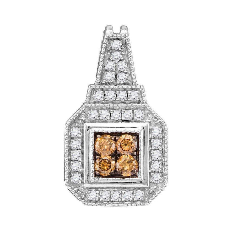 10kt White Gold Women's Round Cognac-brown Color Enhanced Diamond Square Cluster Pendant 1-3 Cttw - FREE Shipping (US/CAN)-Gold & Diamond Pendants & Necklaces-JadeMoghul Inc.