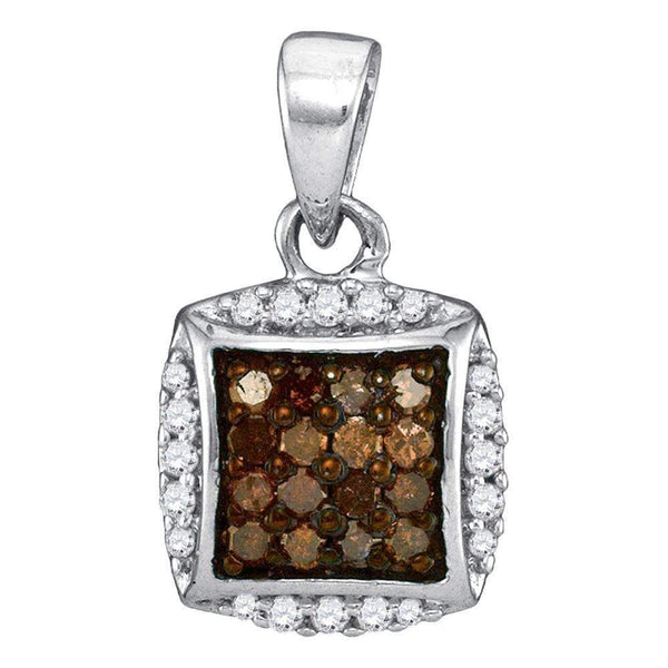 10kt White Gold Women's Round Cognac-brown Color Enhanced Diamond Square Cluster Pendant 1-4 Cttw - FREE Shipping (US/CAN)-Gold & Diamond Pendants & Necklaces-JadeMoghul Inc.