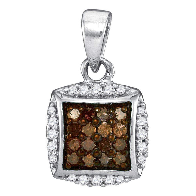 10kt White Gold Women's Round Cognac-brown Color Enhanced Diamond Square Cluster Pendant 1-4 Cttw - FREE Shipping (US/CAN)-Gold & Diamond Pendants & Necklaces-JadeMoghul Inc.
