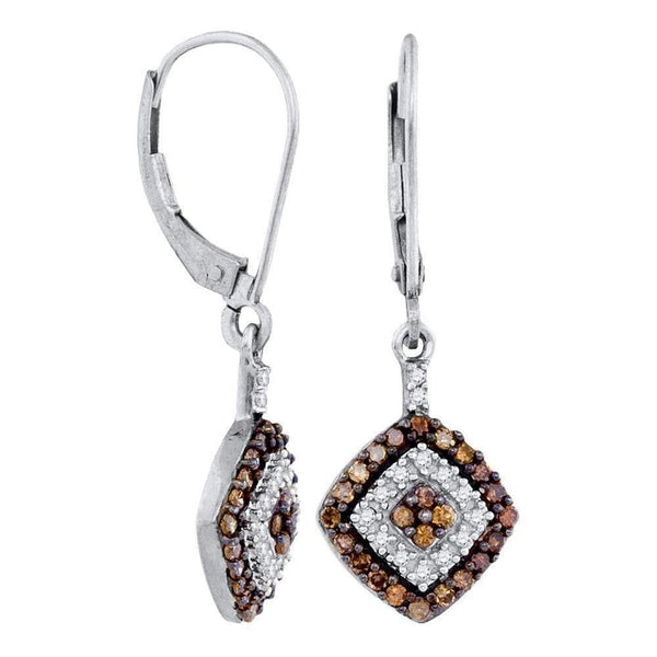 10kt White Gold Women's Round Cognac-brown Color Enhanced Diamond Square Dangle Earrings 1-2 Cttw - FREE Shipping (USA/CAN)-Gold & Diamond Earrings-JadeMoghul Inc.
