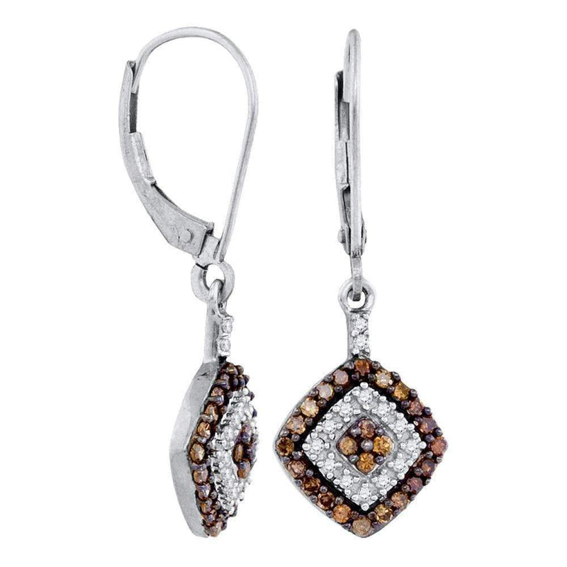 10kt White Gold Women's Round Cognac-brown Color Enhanced Diamond Square Dangle Earrings 1-2 Cttw - FREE Shipping (USA/CAN)-Gold & Diamond Earrings-JadeMoghul Inc.