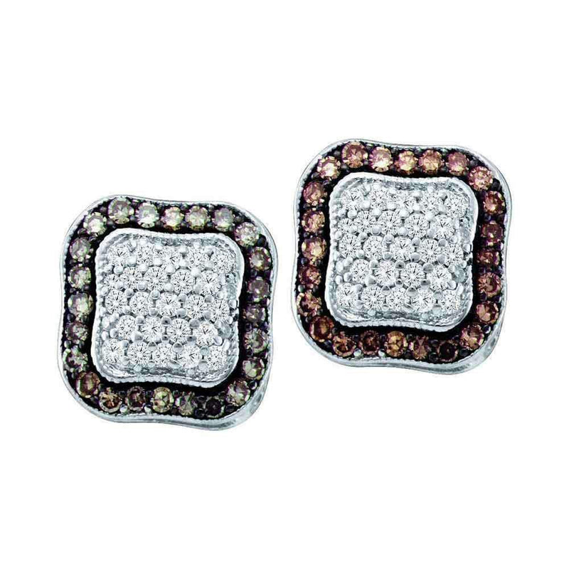 10kt White Gold Women's Round Cognac-brown Color Enhanced Diamond Square Frame Cluster Earrings 1.00 Cttw - FREE Shipping (USA/CAN)-Gold & Diamond Earrings-JadeMoghul Inc.
