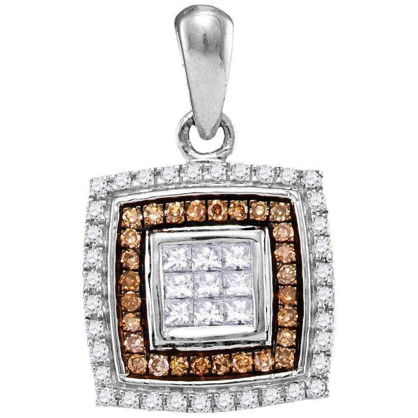 10kt White Gold Women's Round Cognac-brown Color Enhanced Diamond Square Pendant 1-3 Cttw - FREE Shipping (US/CAN)-Gold & Diamond Pendants & Necklaces-JadeMoghul Inc.