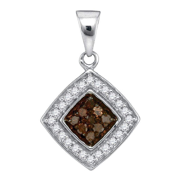 10kt White Gold Women's Round Cognac-brown Color Enhanced Diamond Square Pendant 1-4 Cttw - FREE Shipping (US/CAN)-Gold & Diamond Pendants & Necklaces-JadeMoghul Inc.