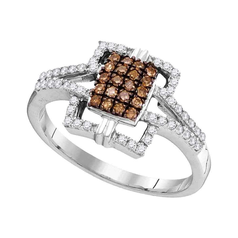 10kt White Gold Women's Round Cognac-brown Color Enhanced Diamond Square Ring 1-3 Cttw - FREE Shipping (USA/CAN)-Gold & Diamond Cluster Rings-JadeMoghul Inc.
