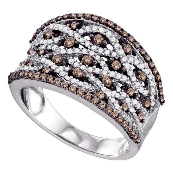 10kt White Gold Women's Round Cognac-brown Color Enhanced Diamond Stripe Fashion Ring 1-1/20 Cttw - FREE Shipping (US/CAN)-Rings And Bands-5-JadeMoghul Inc.
