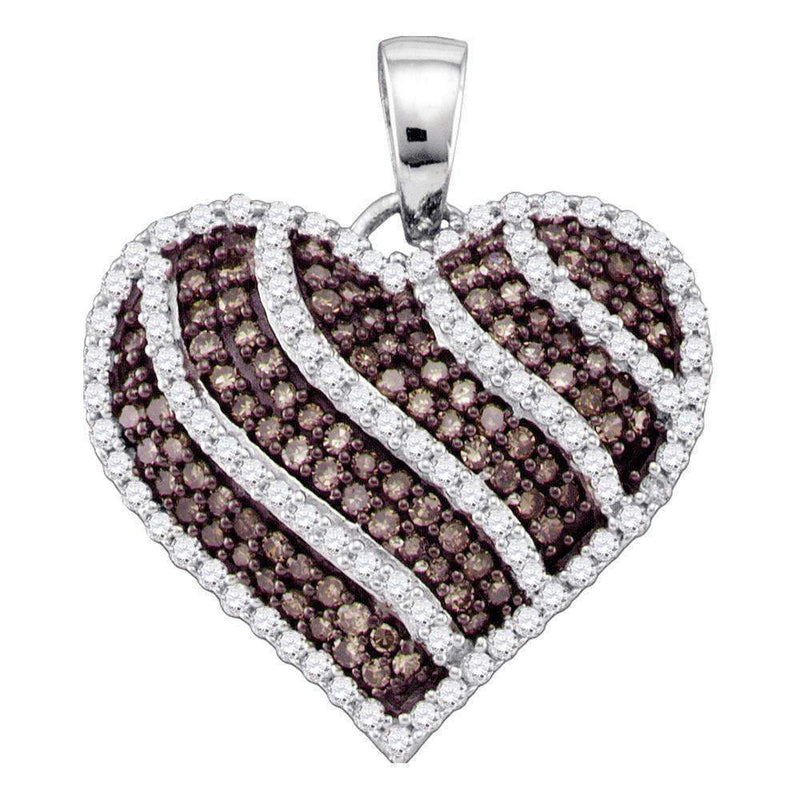 10kt White Gold Women's Round Cognac-brown Color Enhanced Diamond Striped Heart Pendant 1.00 Cttw - FREE Shipping (US/CAN)-Gold & Diamond Pendants & Necklaces-JadeMoghul Inc.
